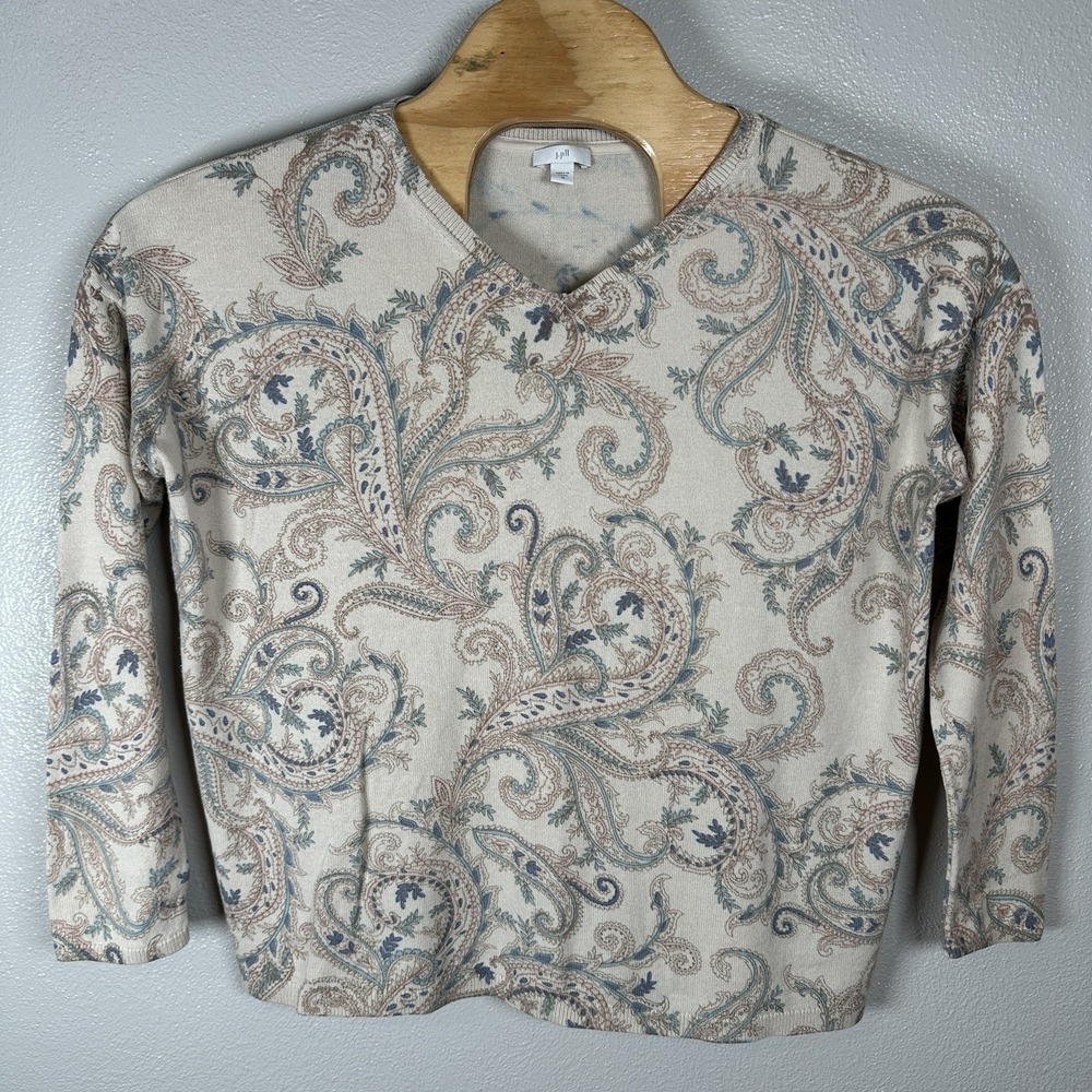 J Jill Sweater Womens Size Medium Cream Paisley Coastal Casual‎ Beachy Pullover